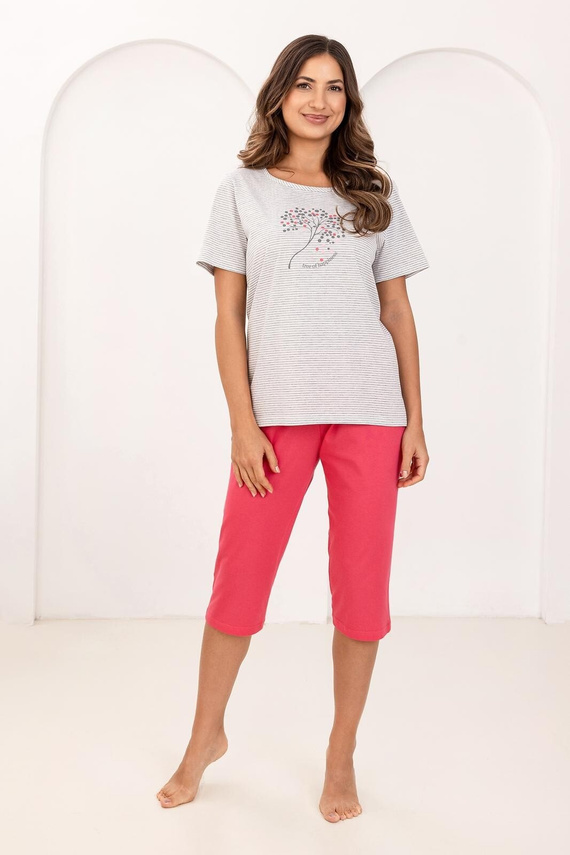 Pigiama da donna in cotone Regina 732 raspberry- Camicia a righe stampate, manica corta, pantaloni a 3/4, 100% cotone