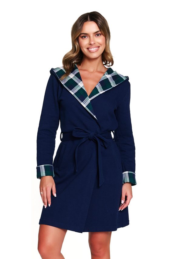 Doctor Nap 7365 - Vestaglia da donna in cotone con cappuccio e quadretti - blu navy