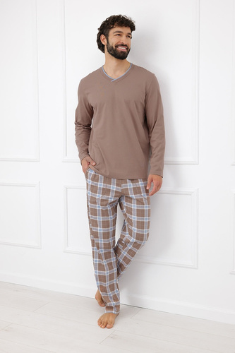 Italian Fashion Dante Pigiama Uomo Cotone Pantaloni Lunghi a Quadri - cappuccino