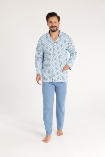 Pigiama uomo in cotone Regina 486 blu - manica lunga, abbottonato, taglio classico