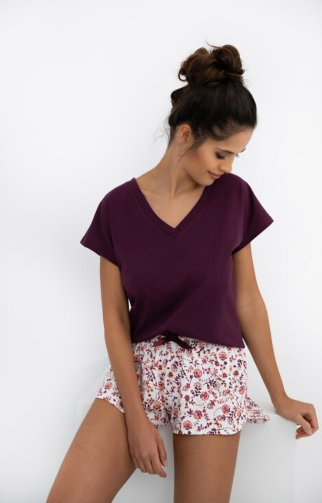 Pigiama donna Marisol Sensis - chemise bordeaux, pantaloncini a fiori, 100% cotone