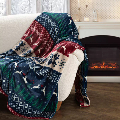 Coperta natalizia Eurofirany blu navy rosso con motivi scandinavi - morbido copriletto in microfibra, 240 g/m²