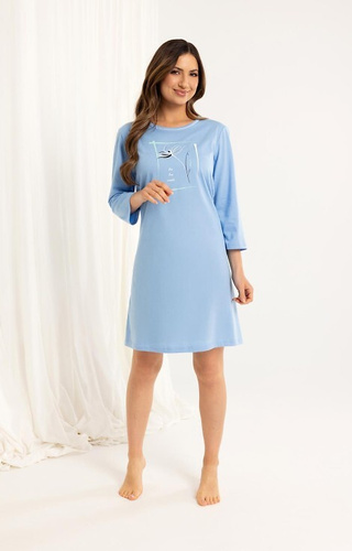 166 Camicia da donna in cotone blu - manica 3/4, stampa, lunghezza al ginocchio