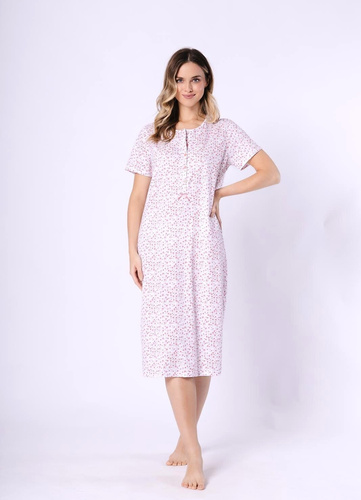 Camicia Oriana donna 1723/1760 Leveza in cotone corallo, manica corta, bottoni, midi