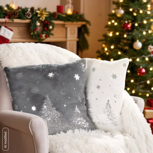 CHP308 Federa natalizia Eurofirany 45x45 con paillettes 3D stelle beige