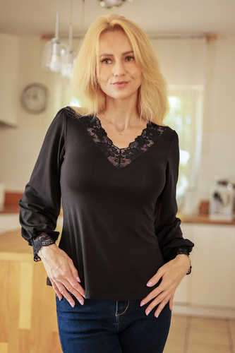 Mirale Harper Blusa Donna in Viscosa con Pizzo, Scollo a V, Maniche a Sbuffo - nera