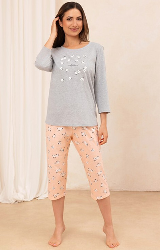 707 Pigiama Regina in cotone light melange - donna, manica 3/4, fantasia floreale