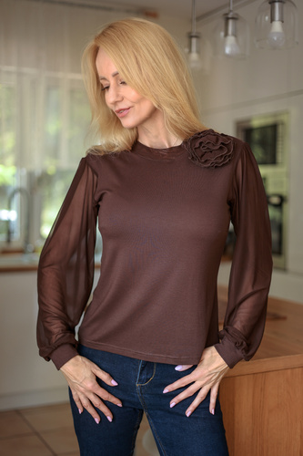 Mirale Freya Blusa Donna in Viscosa con Maniche in Tulle e Collo alla Coreana Elegante - marrone