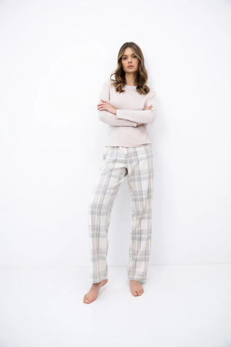 Pigiama donna Sensis Sable beige in bambù, manica lunga, pantaloni a quadri