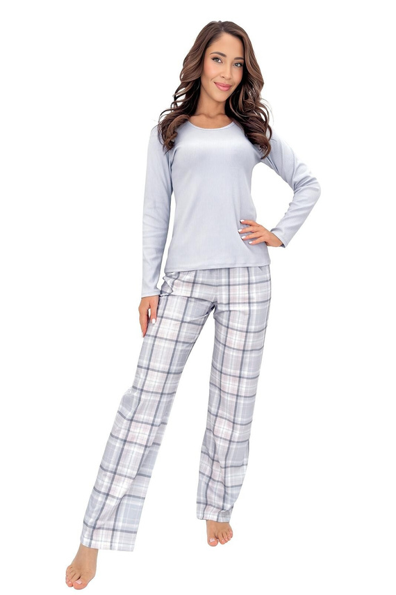 Donna Dani Long pigiama donna in cotone grigio a costine con pantaloni a quadri