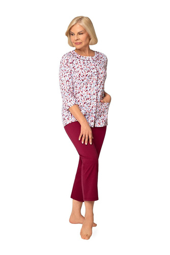 201 Maria II Pigiama donna Martel bordeaux 42 – cotone, maglia a fiori, manica 3/4, pantaloni 3/4, comfort del sonno