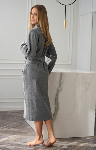 2530 Coco Accappatoio donna L&L grigio - lungo, in cotone, con profili rosa