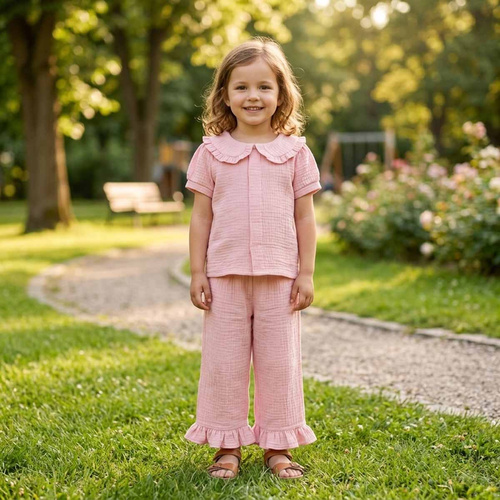 Pantaloni estivi larghi da ragazza Nicol 224331 in mussola 100% cotone rosa