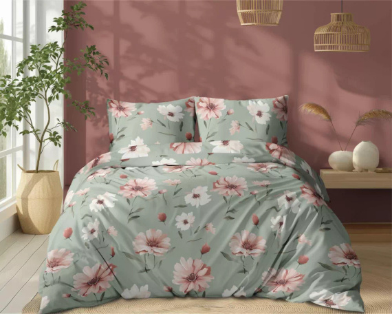 5502 B Biancheria da letto in cotone menta con fiori crema e rosa Naturalis- Detexpol