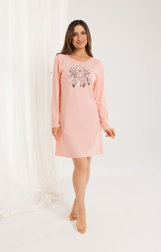 162 Camicia da notte in cotone Regina albicocca - manica lunga, stampa, sotto il ginocchio
