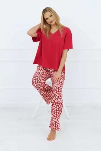Evora Pigiama da donna a maniche corte, pantaloni lunghi Moda italiana - rosso scuro/stampa