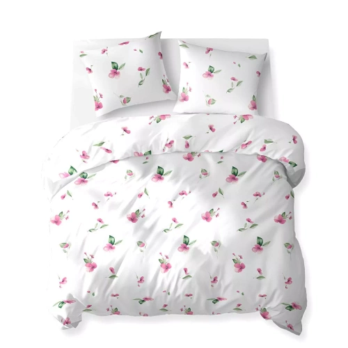 5769 A Detexpol Biancheria da letto in cotone Bloom bianca con fiori rosa e foglie verdi - 100% cotone, double face, lucido