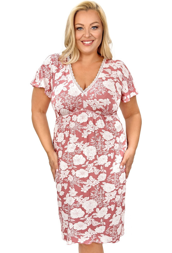 Camicia da notte da donna Tina Plus Donna rosa cipria - elegante camicia da notte in viscosa con stampa floreale, scollo a V con pizzo, manica corta a farfalla