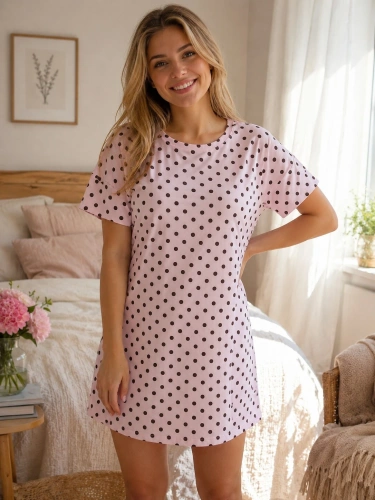 Camicia da notte donna Luna 1006 100% cotone a pois manica corta - rosa