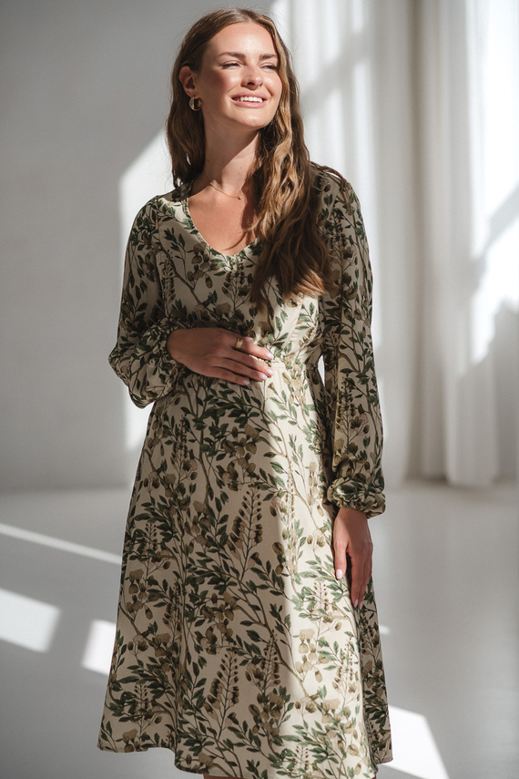 Lovely Dress Midi Milk&Love a fiori verdi - abito premaman e da allattamento in lino, taglio elegante con cerniere da allattamento