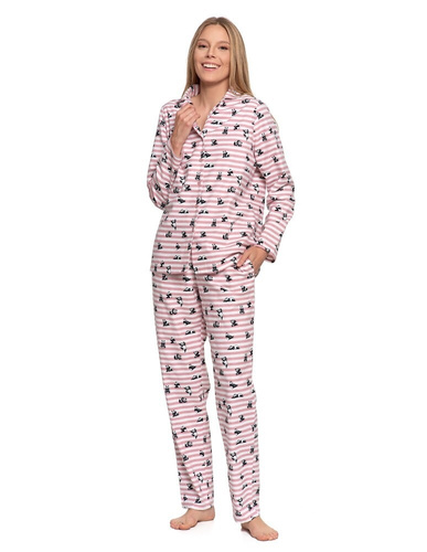 Pigiama da donna Moraj PDD6300-002 in flanella di cotone rosa, a righe con motivo panda