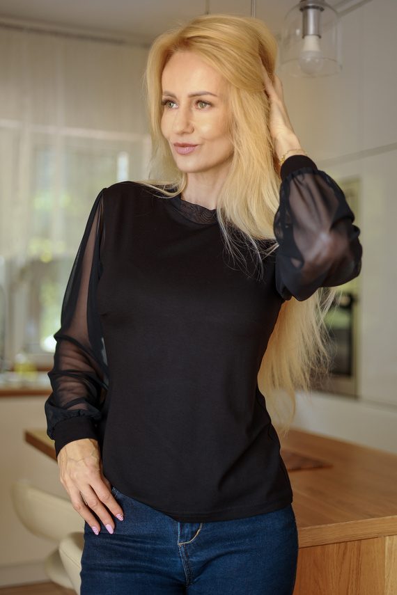 Mirale Freya Blusa Donna in Viscosa con Maniche in Tulle e Collo Alto Elegante - nera