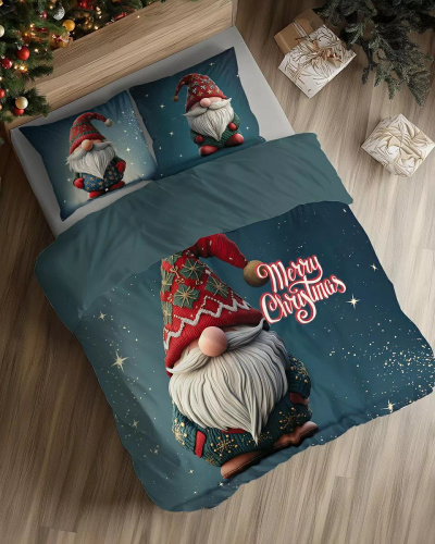 5825 A Christmas Dreams biancheria da letto in cotone Detexpol blu navy con gnomo di Buon Natale - Set natalizio 100% cotone