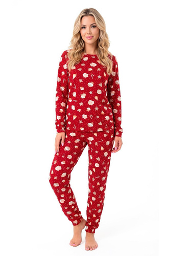 Donna Bear Long pigiama donna rossa – pigiama calda in cotone con manica lunga