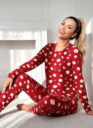 Donna Bear Long pigiama donna rossa – pigiama calda in cotone con manica lunga