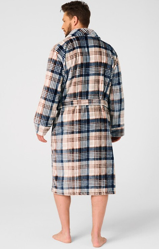 MGL 443 Accappatoio da uomo Key beige - a quadri, morbido, collo a scialle