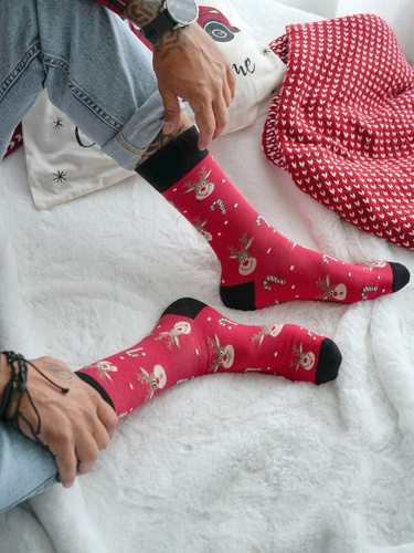 1290-029 Calze natalizie da uomo Milena rosso 01 - Renna I Bastoncini di zucchero, cotone