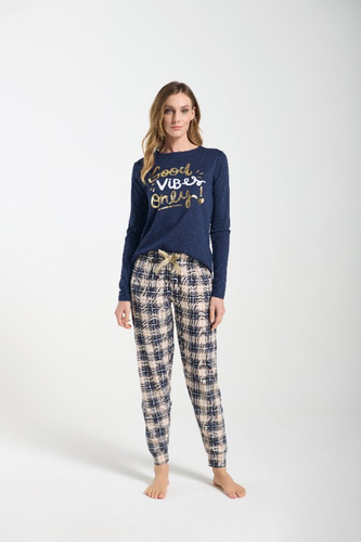 Bessy Pigiama donna Sorbetto blu navy - jersey, stampa oro, pantaloni a quadri