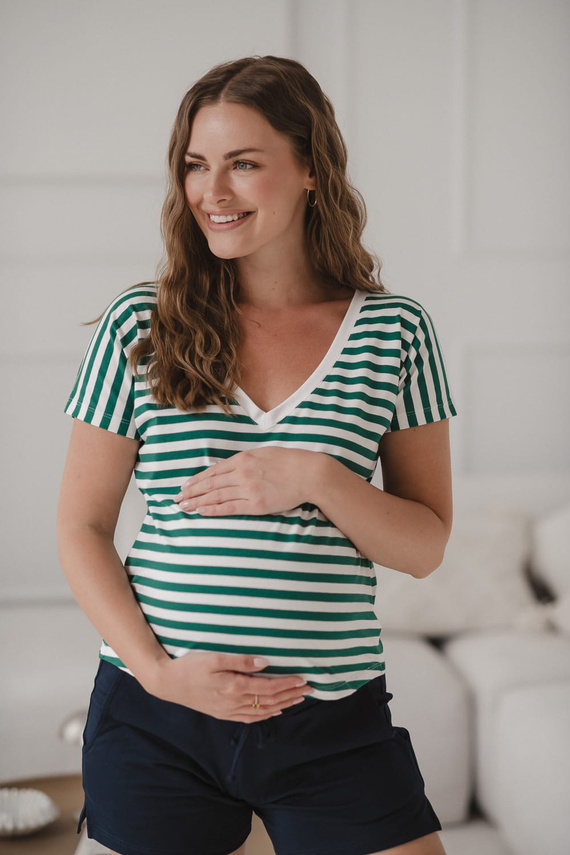 Camicetta da gravidanza e allattamento Two Ways | Manica corta, confortevole Milk&Love a righe verdi e bianche