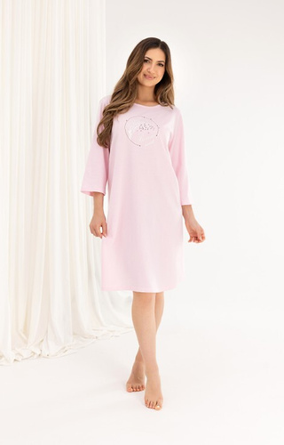 Camicia da notte in cotone 167 rosa - manica 3/4, stampa, svasata, prima del ginocchio