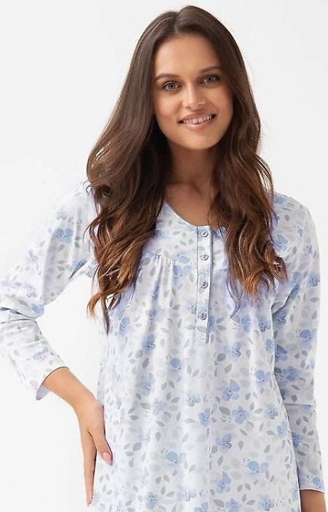338 Camicia da notte Luna blu - cotone con motivo floreale, lunga con bottoni