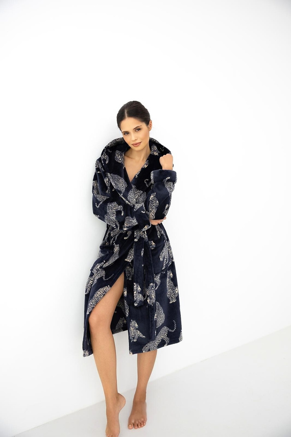 Accappatoio donna Sensis Vespera blu scuro con cappuccio lungo con stampa animalier