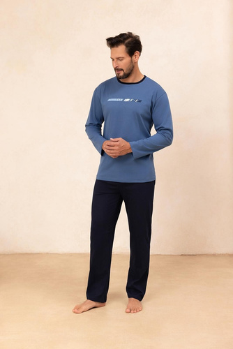 Regina 494 blu navy - pigiama da uomo in cotone a maniche lunghe, taglio classico