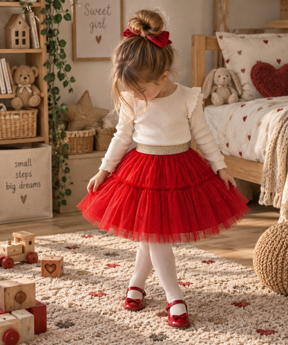Gonna bambina rossa ST115 in tulle morbido, tulle metallizzato, elastico in vita
