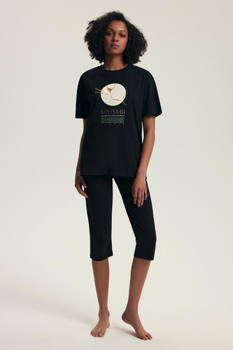 Pigiama da donna 43728 Dairoku nero - cotone, manica corta, pantalone da pescatore