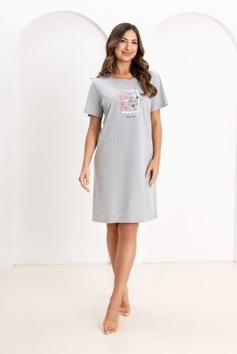 Camicia da notte Regina 174, cotone, manica corta, mezzo girocollo, stampa grigio