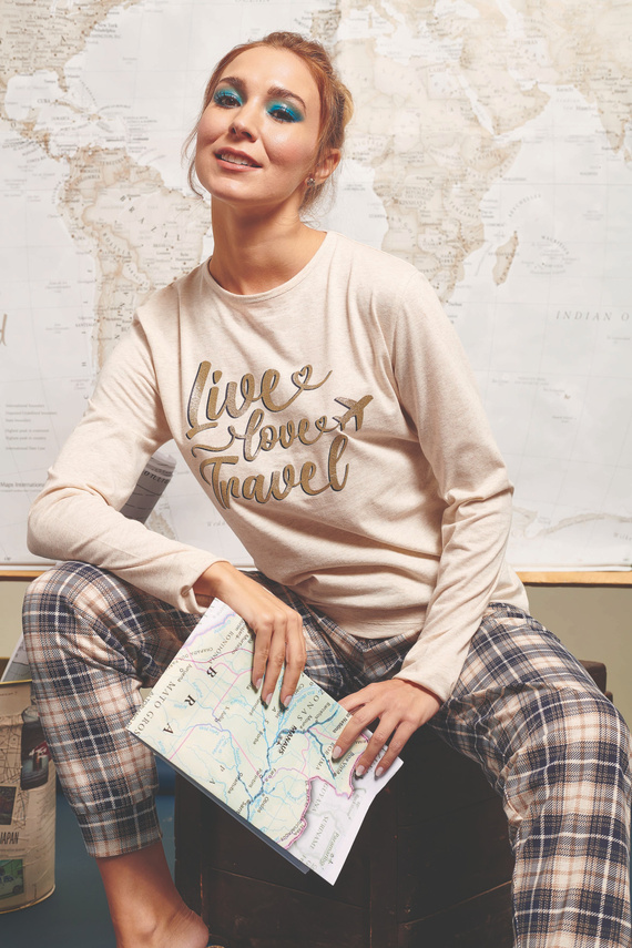 Bessy Pigiama donna Sorbetto beige - jersey, stampa oro, pantaloni a quadri