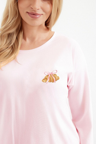 Pigiama donna Taro Tori 3510 in cotone rosa, stampa croissant, lungo con gambe 7/8