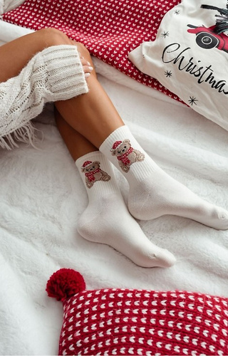 1283-031 Calze da donna Milena ecru - Orsetto di Natale, cotone