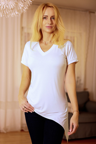 Aria Mirale - blusa in viscosa, asimmetrica, scollo a V - ecrù