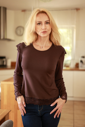 Mirale Ivy Blusa Donna in Viscosa con Pizzo Elegante Manica Lunga - marrone