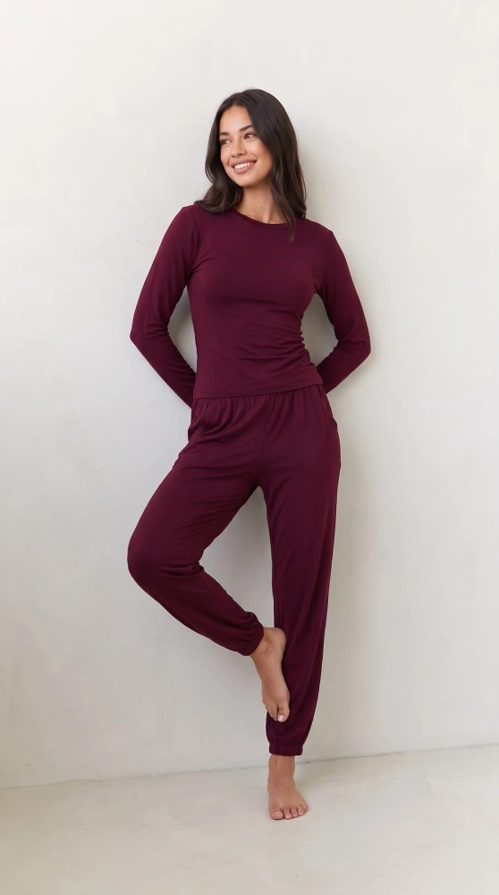 Pigiama donna Luna 1318 in viscosa 95% manica lunga pantaloni con polsini - melanzana