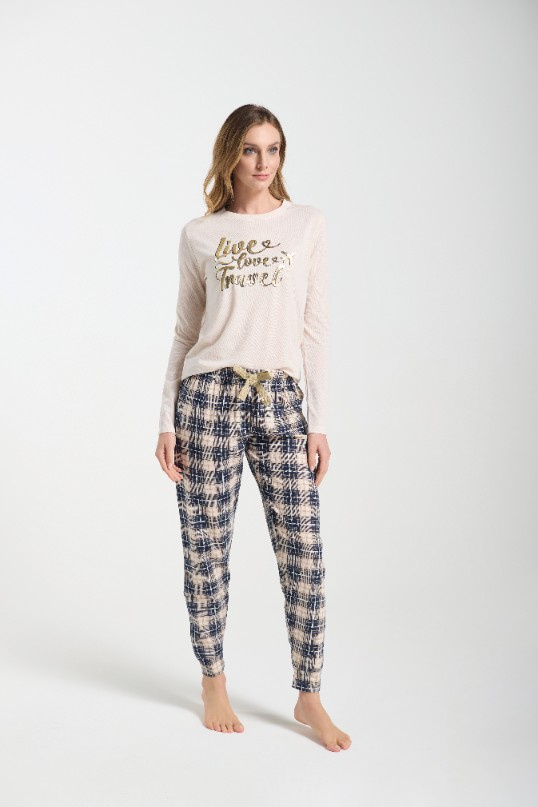 Bessy Pigiama donna Sorbetto beige - jersey, stampa oro, pantaloni a quadri