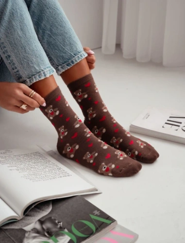 0200-202 Calze da donna Milena Orsacchiotti con cuori San Valentino marrone-cotone, motivo carino, 37-41