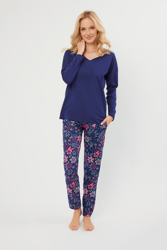 Pigiama Folk da donna manica lunga, pantaloni lunghi Moda Italiana - blu navy/stampa