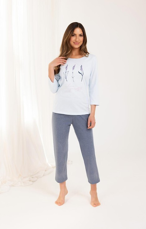 Pigiama 703 Regina in cotone blu - donna, manica 3/4, pantaloni 7/8, stampa floreale